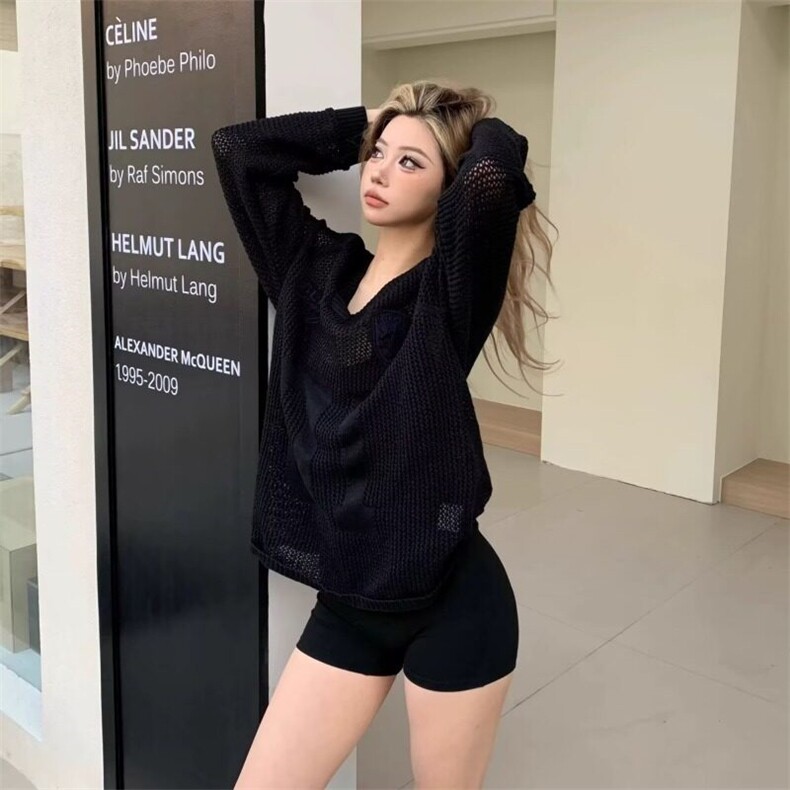 美式复古镂空设计V领毛衣针织长袖球衣春季2025新款叠穿宽松罩衫，女装针织衫/毛衣，星座506A