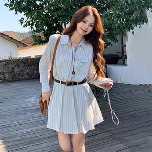 秋季少女风长袖套纹A字裙百褶连衣裙小众裙子显瘦气质长袖时尚图片