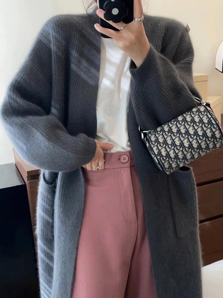 开衫女中长款V领秋冬慵懒软糯休闲宽松保暖针织衫,女装羊毛衫,恩泰羊绒