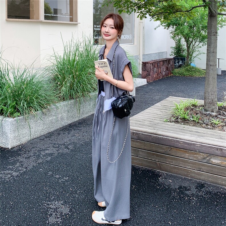 休闲工装灰色上衣阔腿裤套装女夏季大方得体穿搭松弛感两件套爆款,女装套装/套裙,2C057