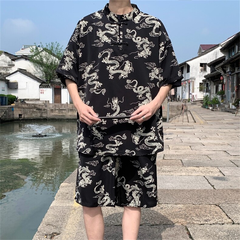 DSA028-TZ2402特P50量大优供视频新风龙纹冰丝短袖短裤套装男,男装休闲套装,电商A028