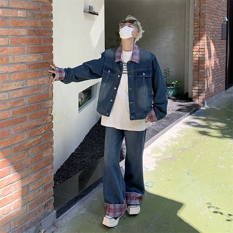 美式新款格子拼接牛仔夹克套装男款时尚潮流设计感两件套,男装夹克,星座410-7