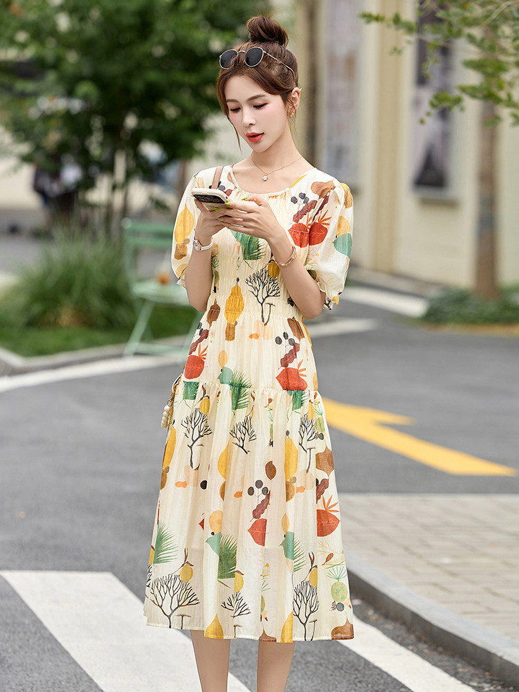 2025夏季新款时尚印花休闲韩系花朵亚麻天丝短袖连衣裙女中长裙子,女装连衣裙,布芭啦