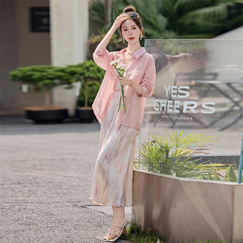 法式甜美天丝防晒裙女夏高级感粉色衬衫扎染吊带连衣裙,女装连衣裙,靓星雨