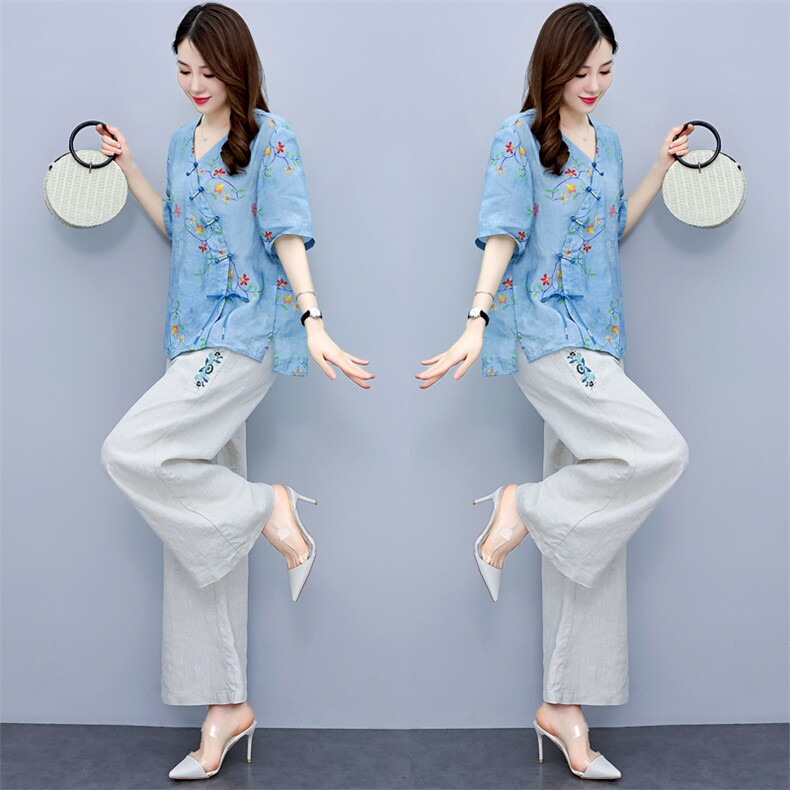 时尚绣花苎麻阔腿裤套装女2024年夏季休闲宽松高端妈妈棉麻两件套，女装套装/套裙，凝聚力