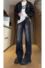 现货秋冬美式黑色渐变裤子男竹节纹直筒牛仔裤女K657-P50控68，男装牛仔裤，星座205-5