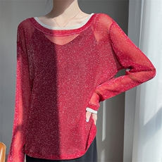 纯欲风假两件圆领防晒罩衫女夏季新款朦胧感星空网纱长袖T恤上衣，女装蕾丝衫/雪纺衫，圣丽羊绒