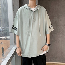 豆绿色短袖男夏季薄款美式纯棉衣服t恤潮牌大码宽松连帽半袖外套，男装T恤，电商A020