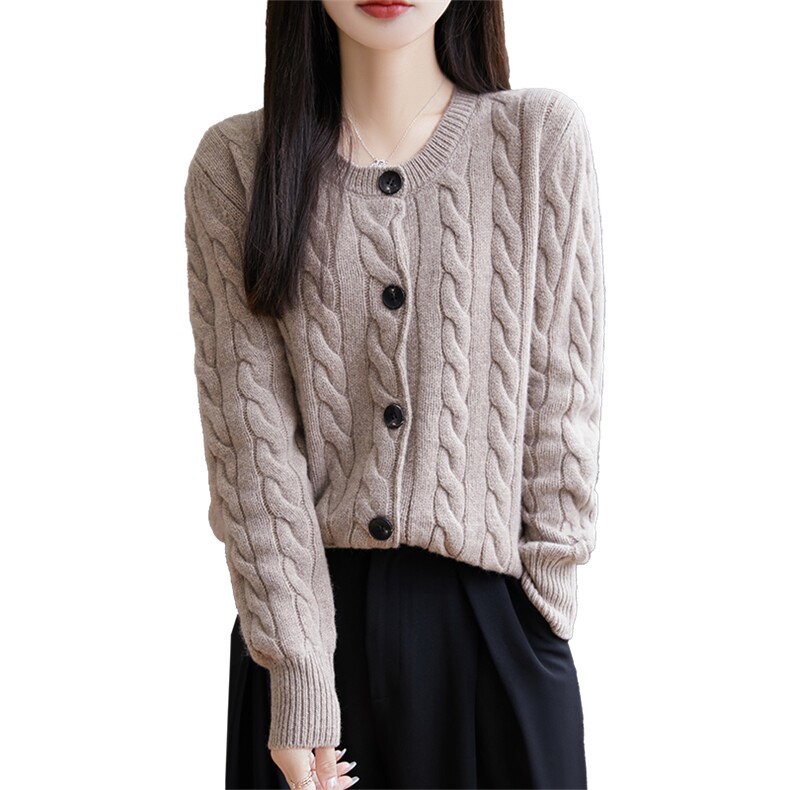 高品质羊毛女士五针加厚麻花针织开衫时尚百搭温暖舒适,女装羊毛衫,朝思羊绒