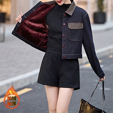 安可拉红牛仔外套女高级感撞色上衣2024秋冬加绒加厚PU皮拼接夹克，女装牛仔外套，美拉德工厂直营店