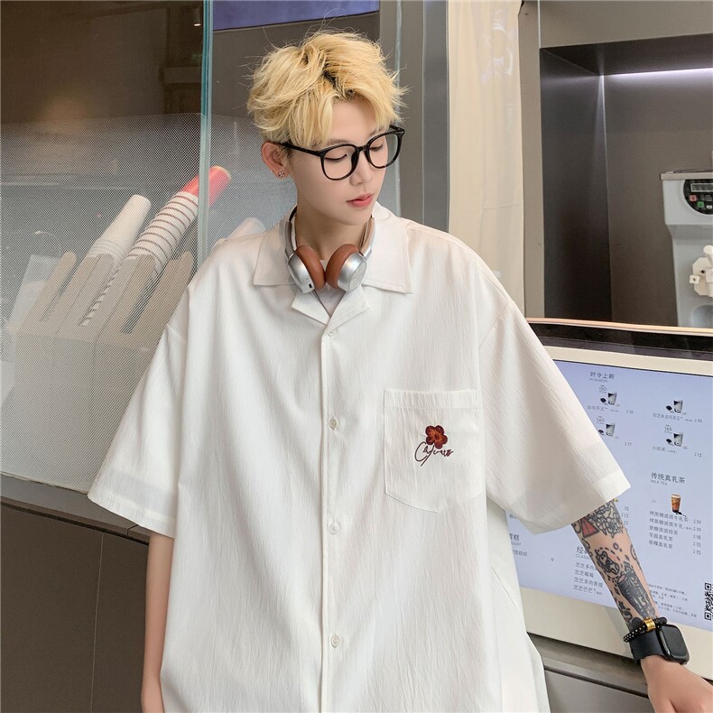 港风2026夏季新款刺绣花短袖衬衫潮男装情侣冰丝半袖衬衣S313P48,男装T恤,电商A233-1