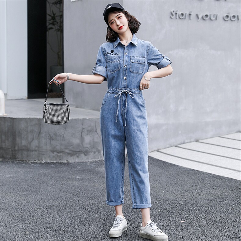 休闲牛仔连体裤女2024春夏新款高腰时尚显瘦百搭工装小个子连衣裤,女装休闲裤,慧尚依恋