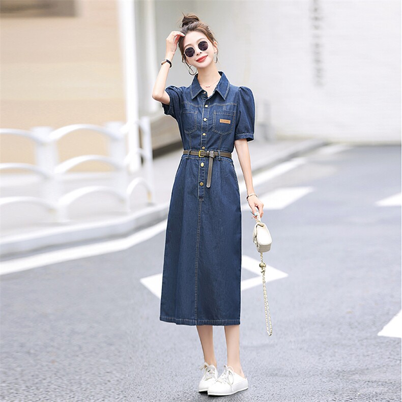 欧货时尚牛仔连衣裙女2024夏季新款修身洋气减龄泡泡袖衬衫中长裙,女装连衣裙,E百度