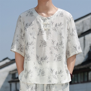 2025夏季男装禅服上衣风冰丝印花盘扣唐装短袖T恤 C117-P50图片