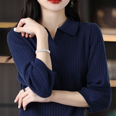 时尚百搭黑色娃娃领五分袖针织衫显瘦修身纯棉毛衣，女装针织衫/毛衣，桦兴羊绒