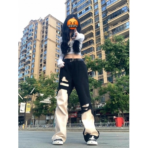 KN7026HH-特P47 美式高街vibe撞色拼接牛仔裤男女小众设计感图片