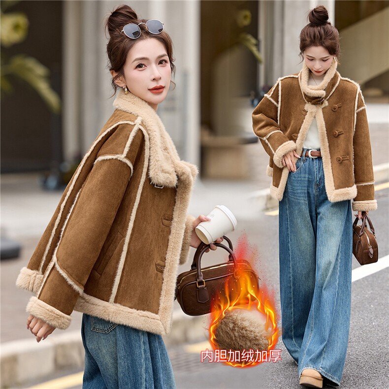 皮毛一体外套女2025冬季新款休闲百搭韩系显瘦加厚保暖羊羔毛外套，女装羊羔毛/颗粒绒，拾衣
