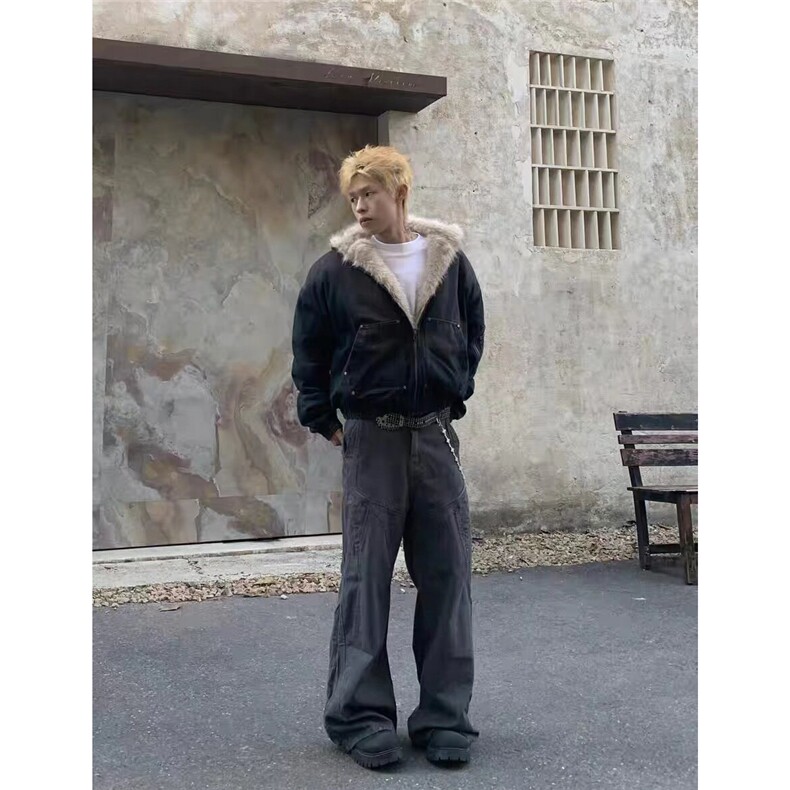 美式连帽牛仔棉服男女水洗重磅座山雕毛领复古加绒加厚夹克外套潮,男装夹克,四季星座505