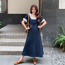 蕾丝拼接牛仔连衣裙女夏2025新款甜美显瘦大方得体穿搭巨好看裙子，女装连衣裙，2C009