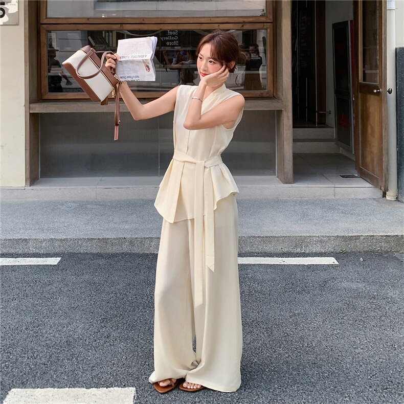 新款现货主推夏季无袖气质套装女老钱风阔腿裤清冷感韩系两件套,女装套装/套裙,网红馆