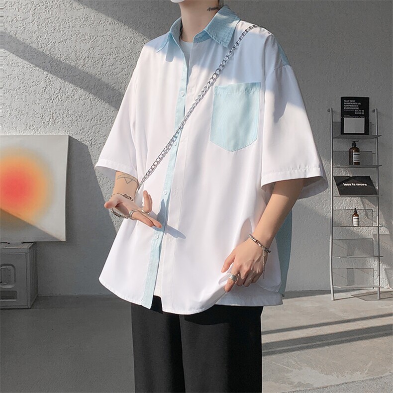 仓库现货CS1120-特批25条纹撞色拼接百搭痞帅大码短袖衬衫,男装衬衫,电商A059