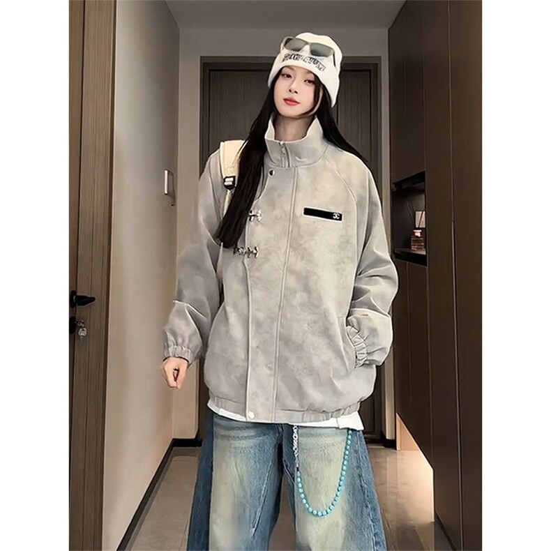 设计感金属飞机扣扎染皮革夹克男女宽松美式痞帅外套L960366-P75图片