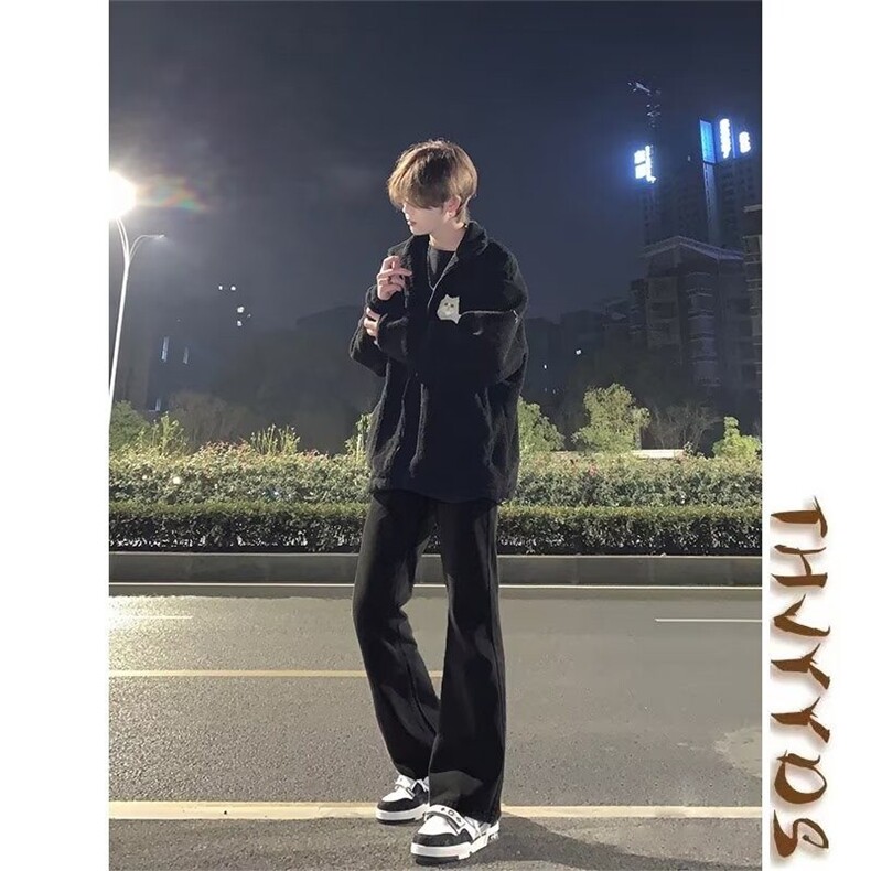 美式街头水洗做旧时尚牛仔裤男春秋直筒宽松欧美高街vibe风长裤子图片