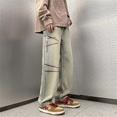 高街牛仔裤男女宽松秋冬刺绣阔腿裤设计感美式vibe裤子N1533-P43，男装牛仔裤，星座1008