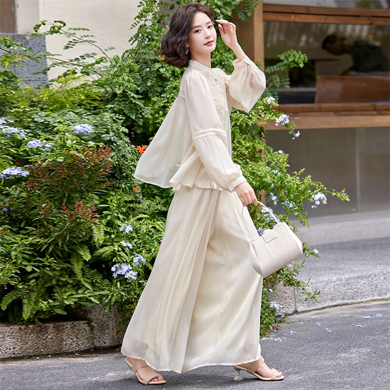 超仙时尚雪纺套装女2025春夏新款半透减龄显瘦流行阔腿裙裤三件套,女装套装/套裙,水衣源