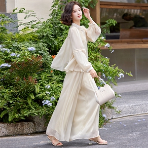超仙时尚雪纺套装女2025春夏新款半透减龄显瘦流行阔腿裙裤三件套图片