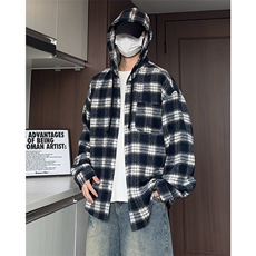 J5025/特P45秋装新款格子连帽衬衫外套男女2025年慵懒风休闲上衣，男装衬衫，电商A141