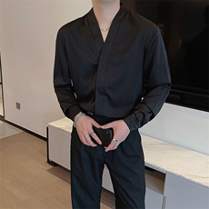 新款缎面质感休闲百搭斯文无领长袖衬衫男痞帅潮V领衬衣CS851-P65，男装衬衫，电商B267