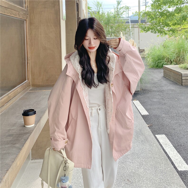 韩系蕾丝边连帽粉色风衣外套女春秋2025新款小个子甜美多巴胺大衣图片
