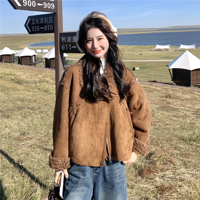 美拉德咖色仿皮毛一体棉服外套女冬2025新款韩系小个子短款上衣,女装短外套,2C259