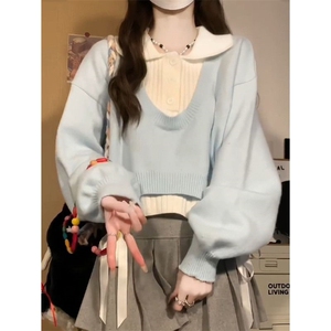 MM165-P68 真两件套学院风毛衣女 设计感别致减龄韩系针织衫图片