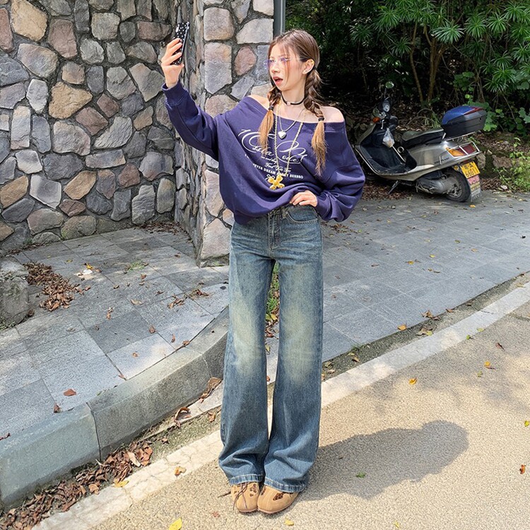 美式高街闪电纹水洗牛仔裤男女秋潮牌宽松新款休闲裤cleanfit裤子,女装休闲裤,星座218-8
