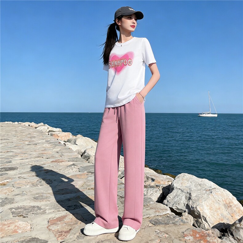 女夏新款韩版运动休闲套装圆领爱心印花镶钻T恤粉色阔腿裤两件套,女装套装/套裙,江南