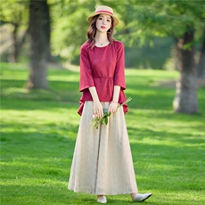 新中式休闲套装女春夏宽松系腰带显瘦七分袖上衣气质裙裤两件套，女装套装/套裙，水衣源