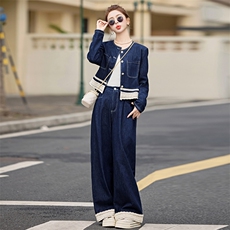 蕾丝拼接牛仔套装女2025春季新款穿搭时尚牛仔外套阔腿长裤两件套，女装套装/套裙，天丽