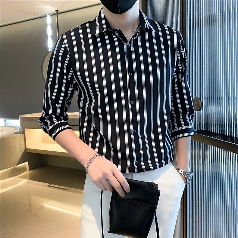 条纹七分袖衬衣新品轻熟风男装韩版修身高级感衬衫男士C156-8-9,男装衬衫,星座1116A-2（原606A-1）