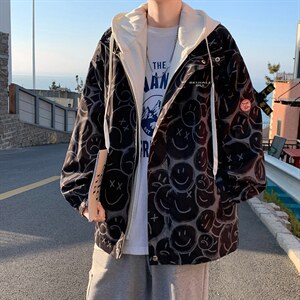 韩版春休闲百搭新款宽松上衣ins港风笑脸满印外套夹克 W1313-P65图片