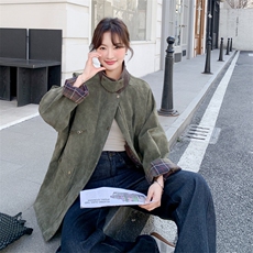 工装风复古军绿色廓形翻领夹克短外套2C212-G217-P185-K298，女装短外套，2C212