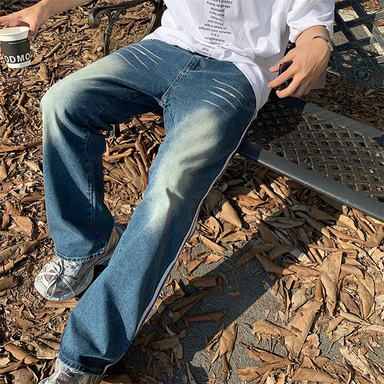 做旧蓝侧边条纹水洗休闲破边vibe牛仔裤ins直筒男女长裤-B99-p58图片