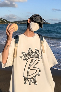 港风 夏季字母图案创意印花 重磅落肩袖 短袖t恤XZ514-2-1298-P28图片