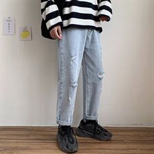 夏季九分牛仔裤男生直筒宽松破洞韩版潮流休闲潮牌浅裤子，男装牛仔裤，电商A318