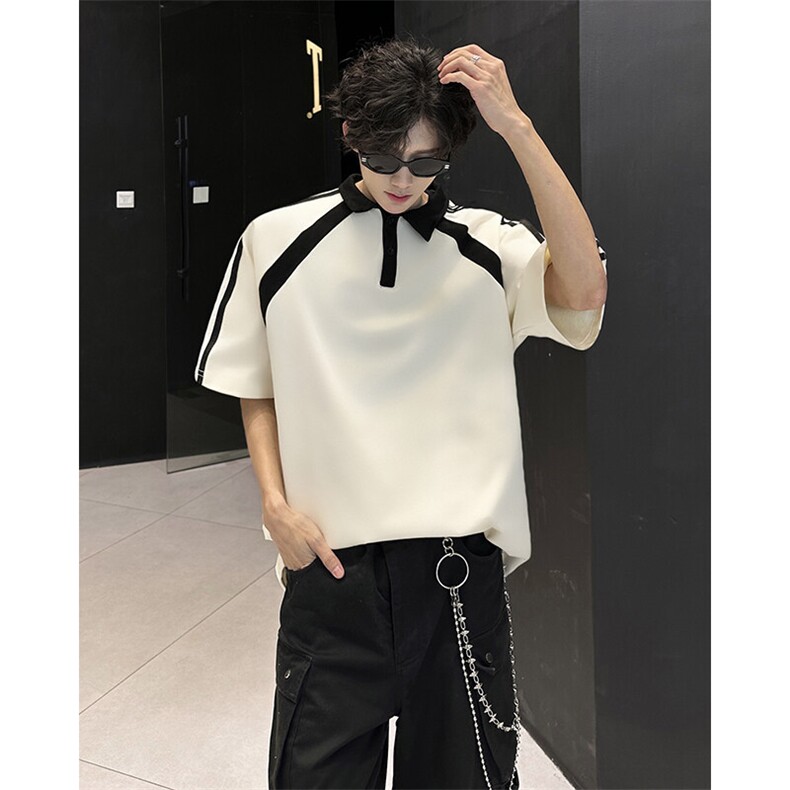 得物抖音高品二开240克纯棉美式高街痞帅翻领POLO织带短袖T恤图片