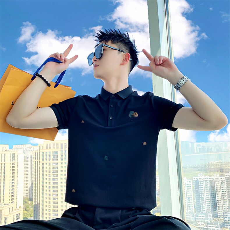 AT262/P58控78夏季社会小伙满身刺绣POLO百搭痞帅短袖T恤男黑首1,男装T恤,星座305B-1