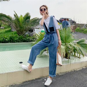 现货新品时尚韩版牛仔背带裤长裤两件套套装