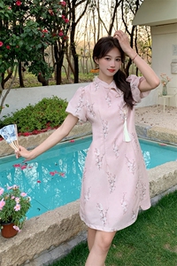 新中式盘扣收腰连衣裙女2025夏季新款气质温婉改良旗袍裙图片