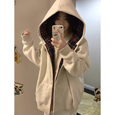 拼接格子连帽开衫卫衣男春秋假两件美式潮牌重磅硬挺拉链开春外套，女装短外套，星座516A